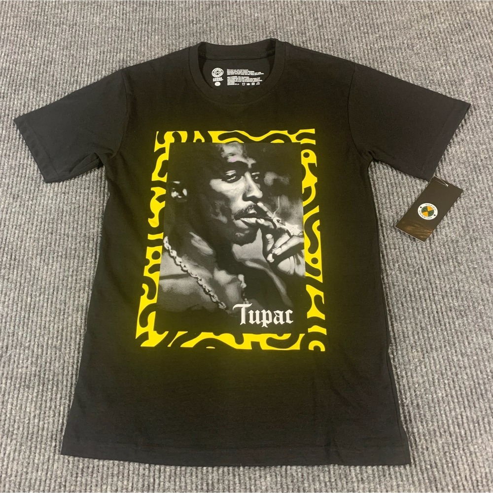 Tupac Shakur Shirt Mens Small Black Yellow Cross Colours Graphic Tee Hip Hop Rap